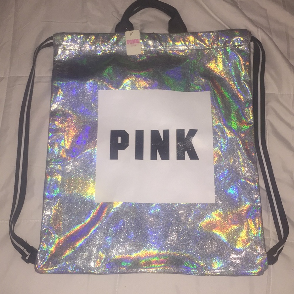 VS Pink metallic silver drawstring backpack